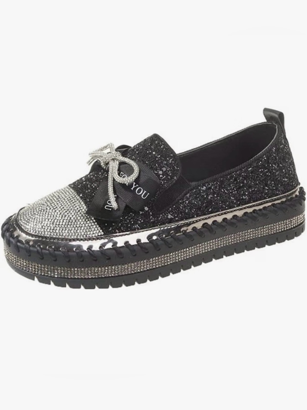 Glitter Slip-On Platform Loafer - Black & Silver